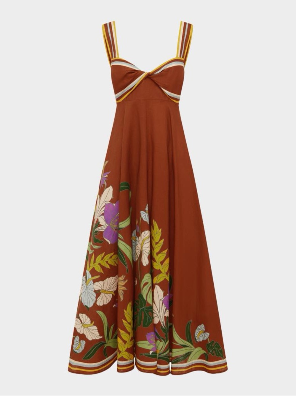 Delicate Floral Stripes Maxi Dress Brown & Multicolor